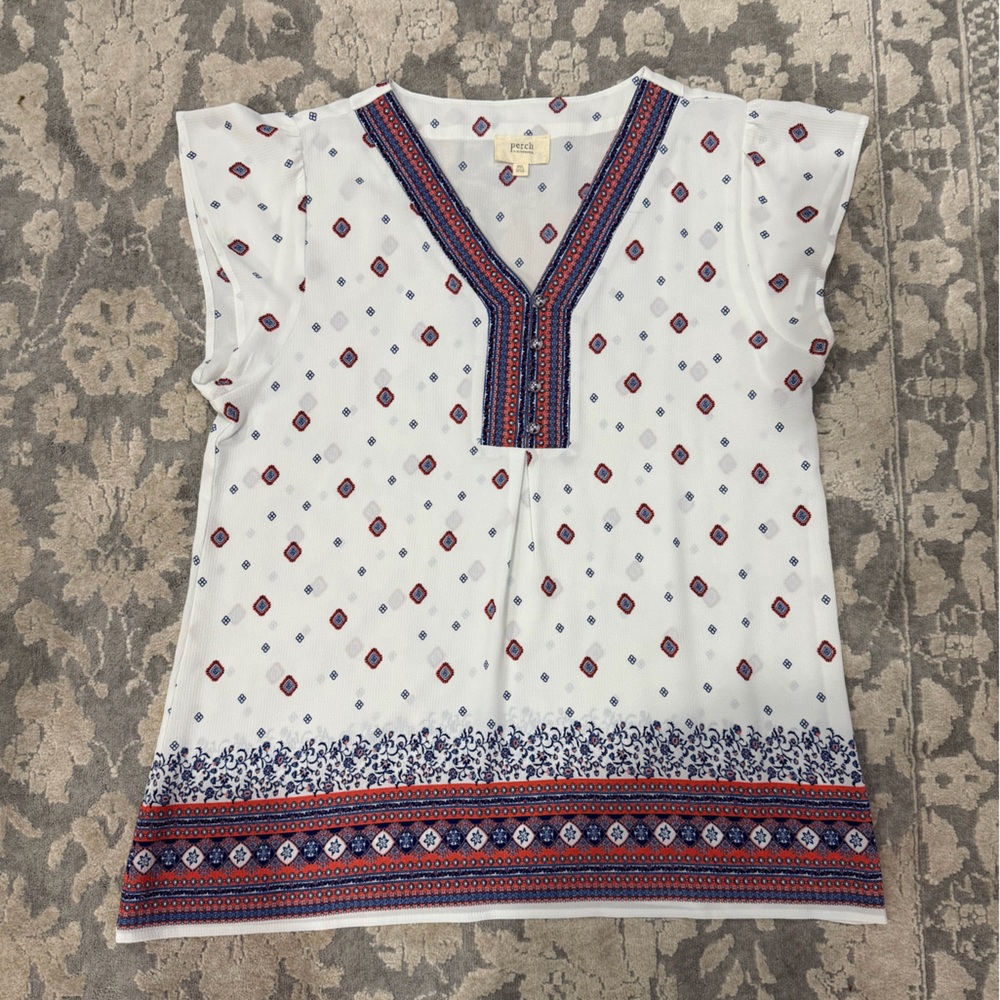 EUC Perch By Blu Pepper Women’s White and Red Geometric Tunic